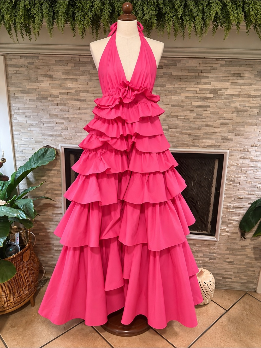 Halter Ruffle Maxi Dress - Hot Pink